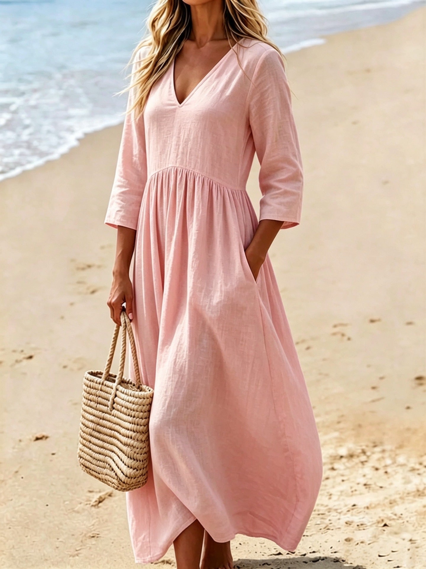 Solid color V-neck dress for women