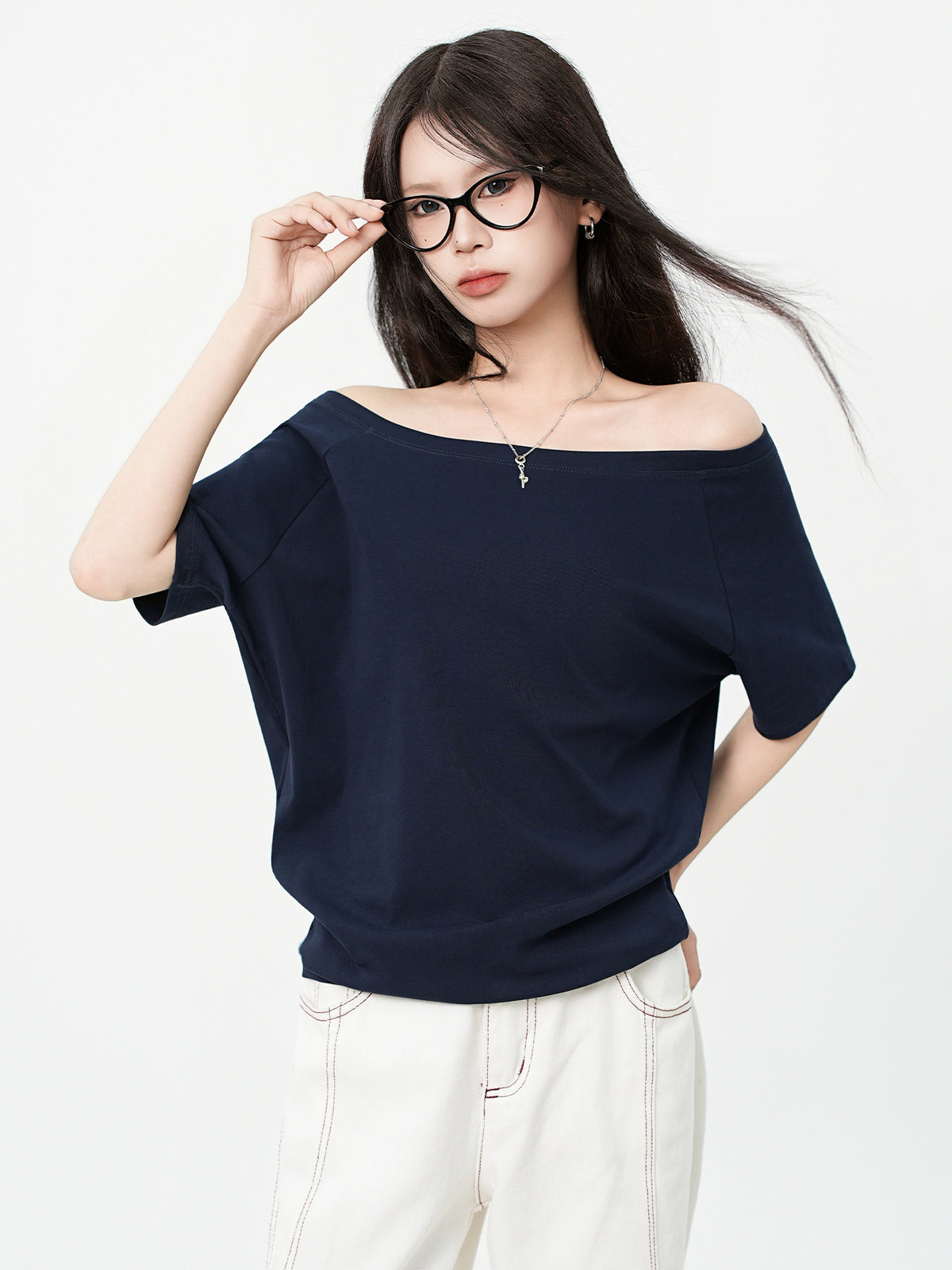 One-Shoulder Asymmetrical Design Short Sleeve T-Shirt Loose Relaxed Style Top