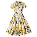 vintage Hepburn-style, turn-down collar, open front, short sleeve, fresh print, tie waist, flared dress, cotton with belt, literary and artistic