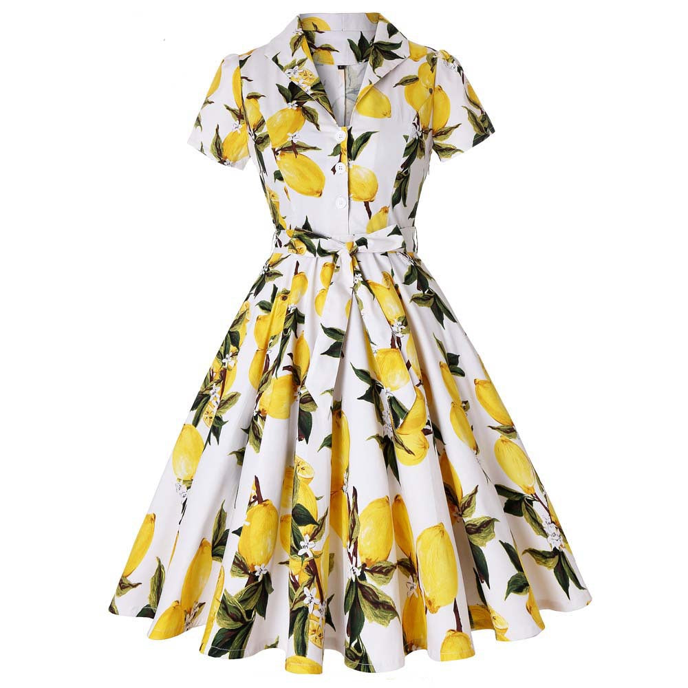 vintage Hepburn-style, turn-down collar, open front, short sleeve, fresh print, tie waist, flared dress, cotton with belt, literary and artistic