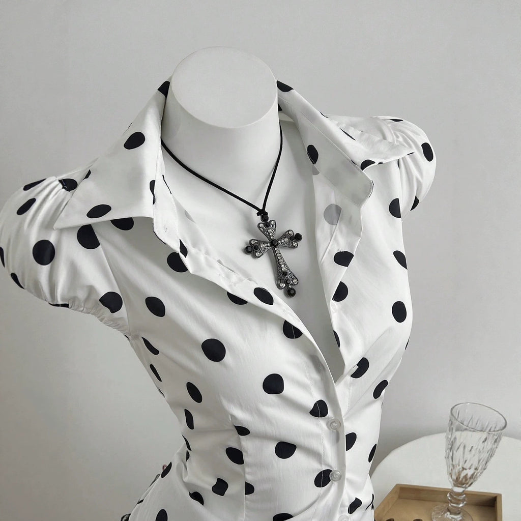 Polka dot printed lace up waist cinching short sleeved women's shirt