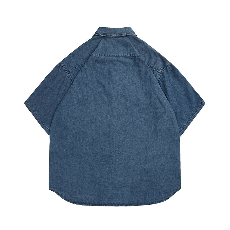 Workwear Denim Short Sleeve Shirt Unisex Retro College Style Washed Blue Shirt
