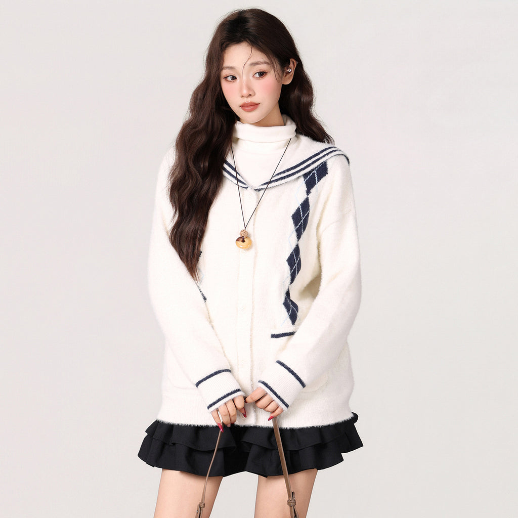 Style Navy Collar Thick Knit Sweater Coat