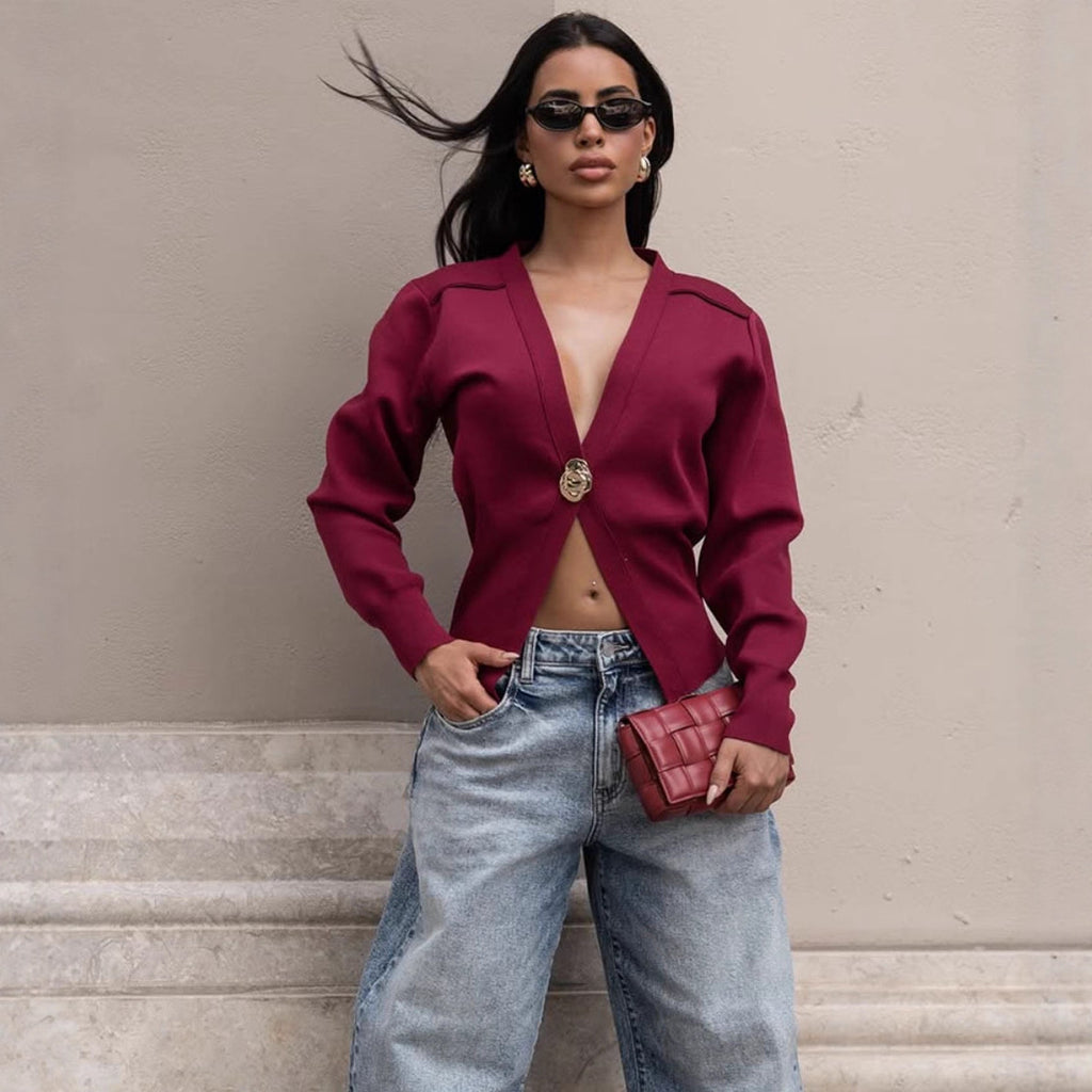 Women's Loose Wool Sweater, Sexy Deep V-Neck Metal Button Cardigan Sweater