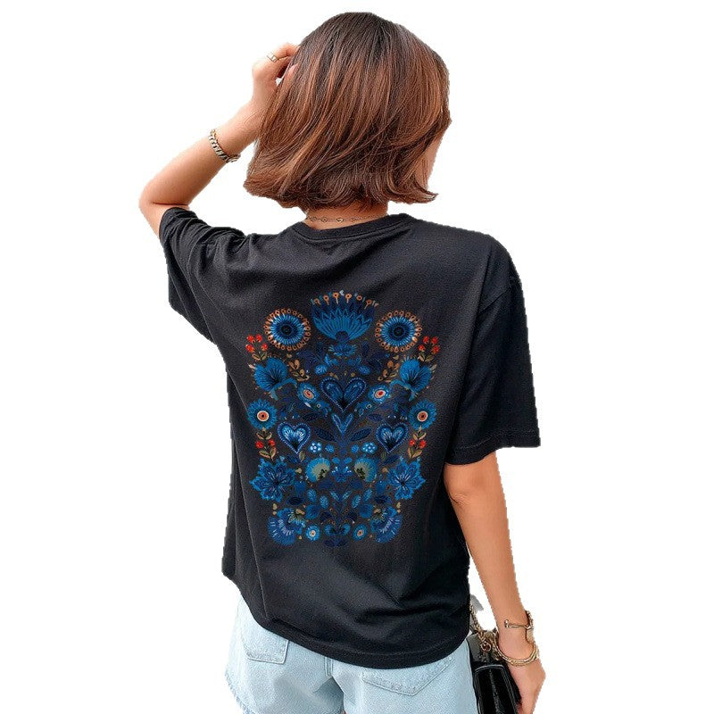 Short sleeved round neck loose top for women