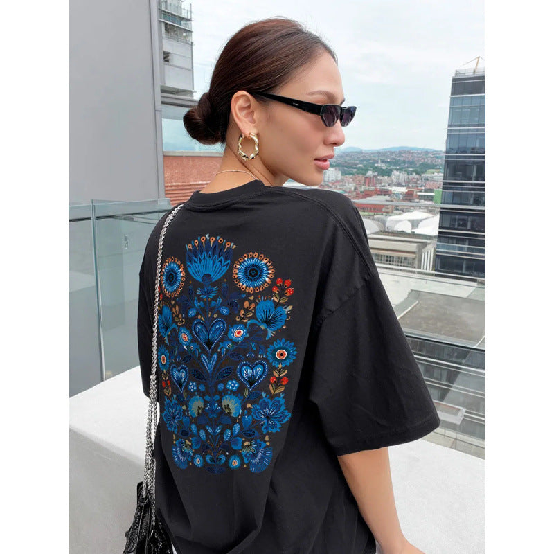 Short sleeved round neck loose top for women