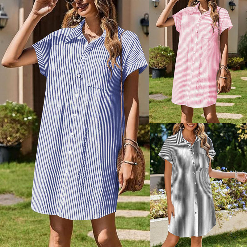 Stripe Shirt Dress, Casual Elegant Mid-Length Short Sleeve Dress for Women
