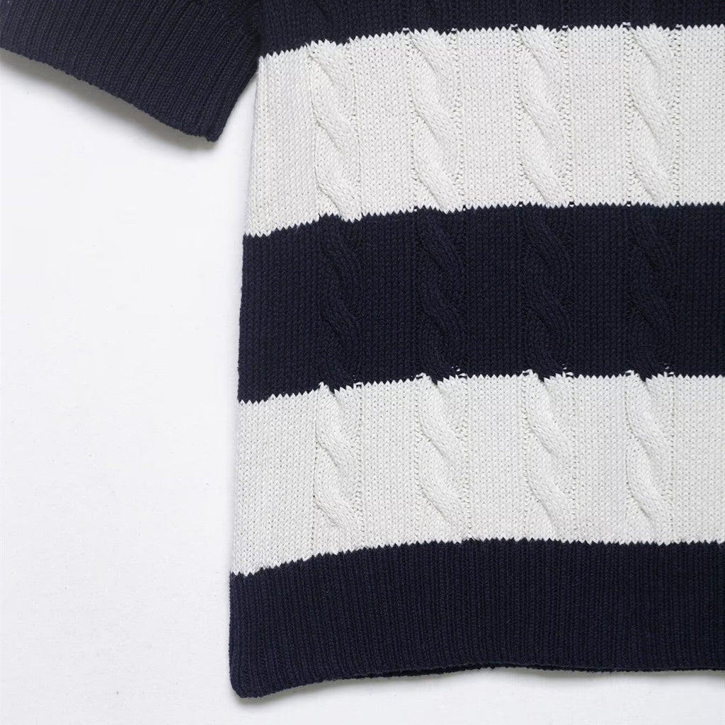 Minimally striped eight strand knitted sweater