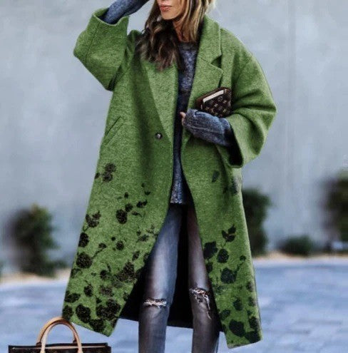 Autumn Long Sleeve Notched Lapel Printed Woolen Trench Coat for Women