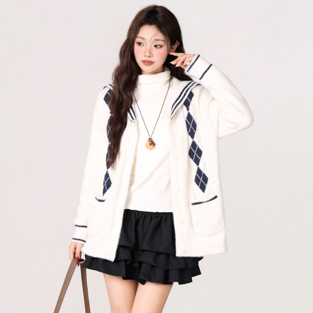 Style Navy Collar Thick Knit Sweater Coat