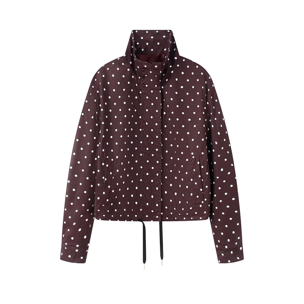 Chic Dot Print Bubble Sleeve Stand Collar Jacket for Women