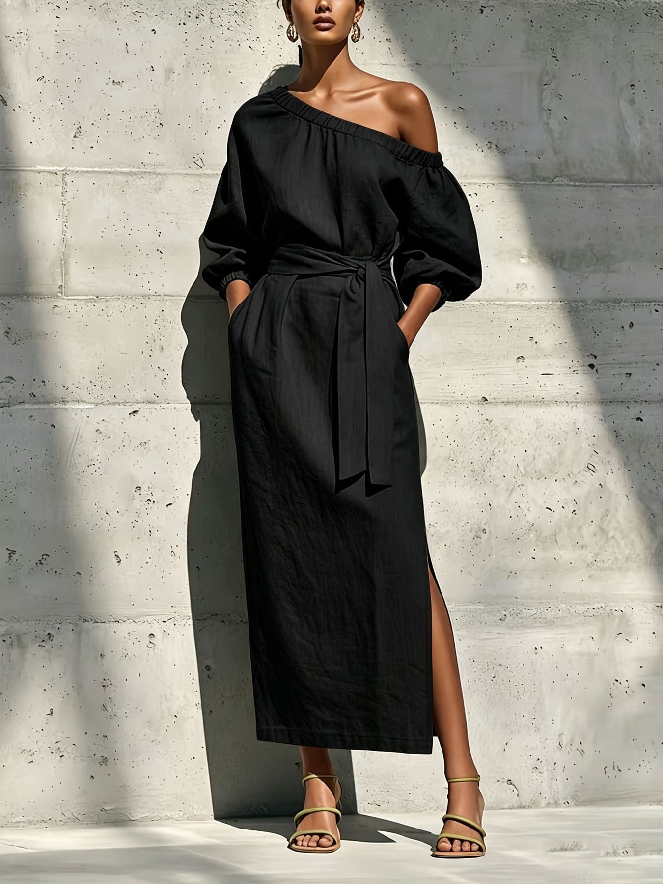 Fashionable Elegant Loose Linen Off-Shoulder Side Slit Dress with Belt