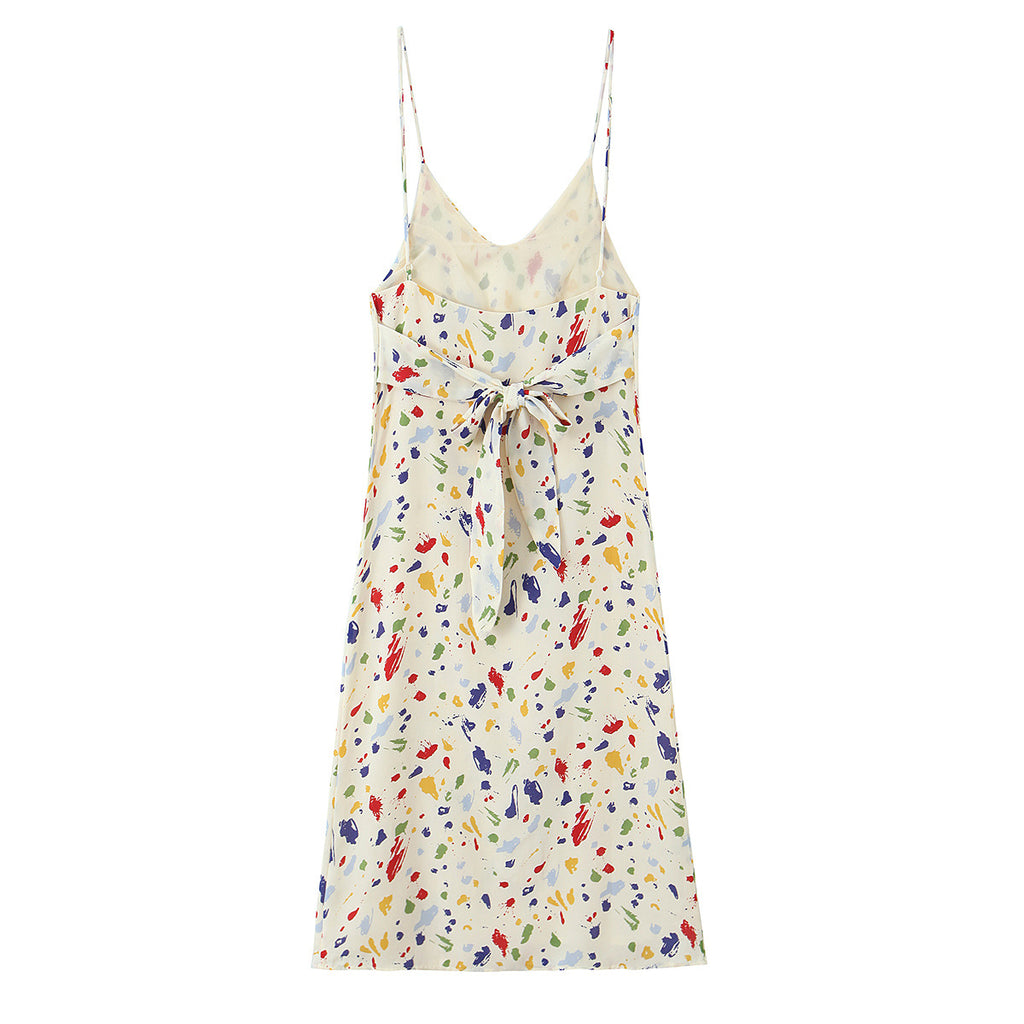 Colorful spotted printed backless lace up suspender dress