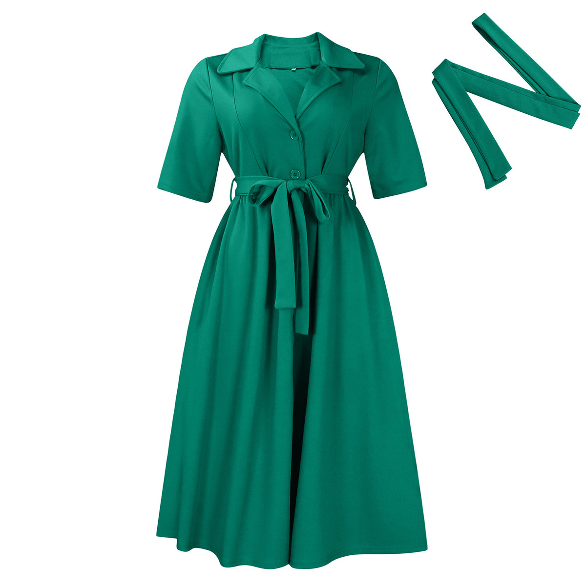 Short sleeved suit collar strap solid color dress