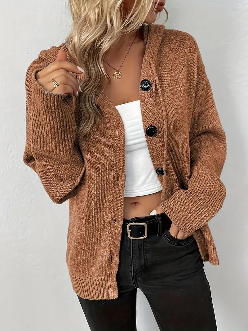 Solid color hooded single breasted sweater for women