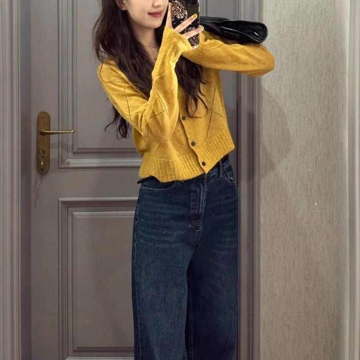 Stylish Yellow Long Sleeve Knit Cardigan for Women Short Outerwear Top