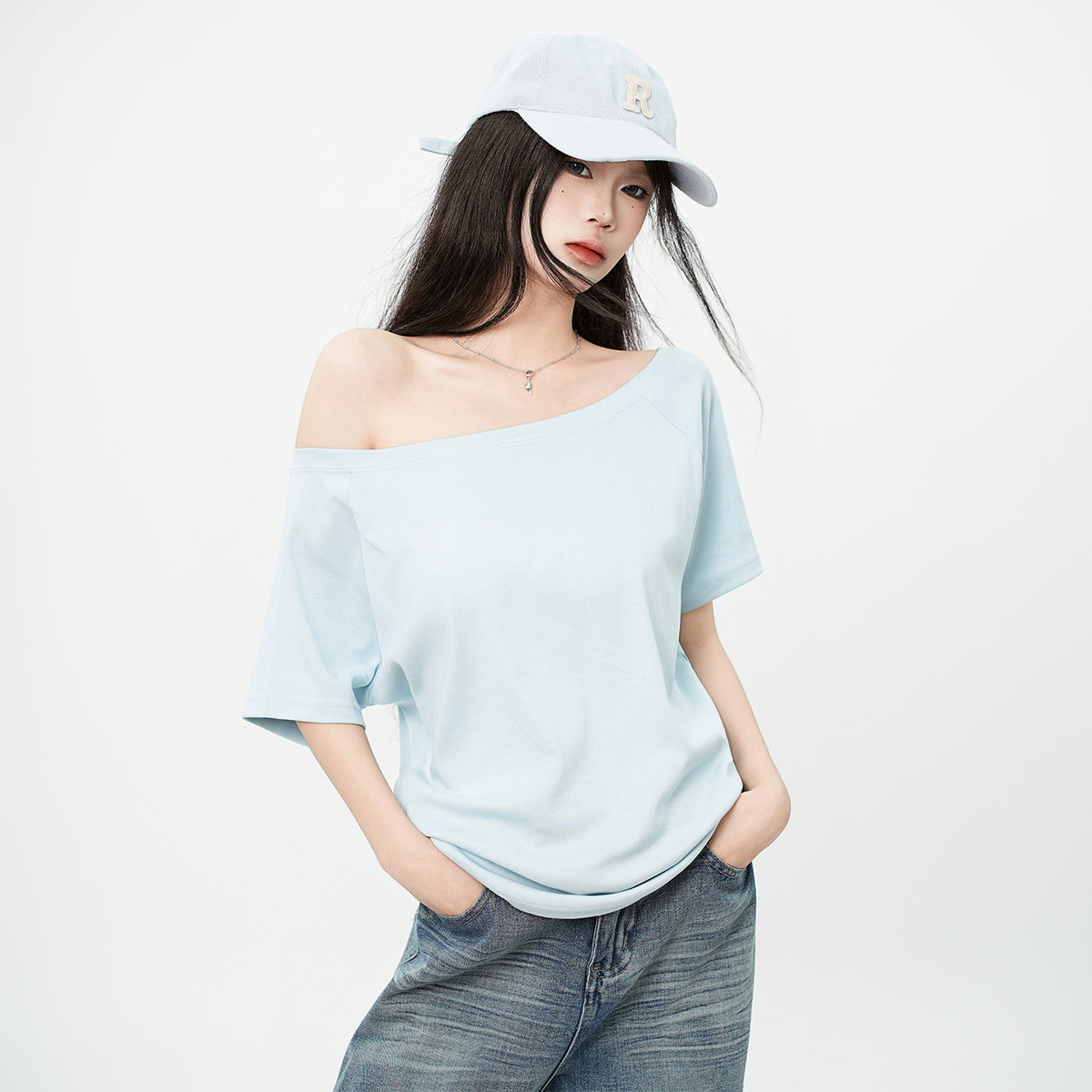 One-Shoulder Asymmetrical Design Short Sleeve T-Shirt Loose Relaxed Style Top