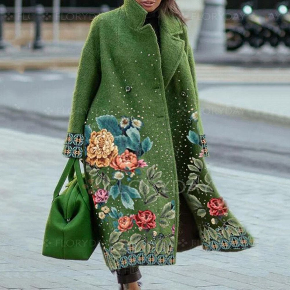 Autumn Long Sleeve Notched Lapel Printed Woolen Trench Coat for Women