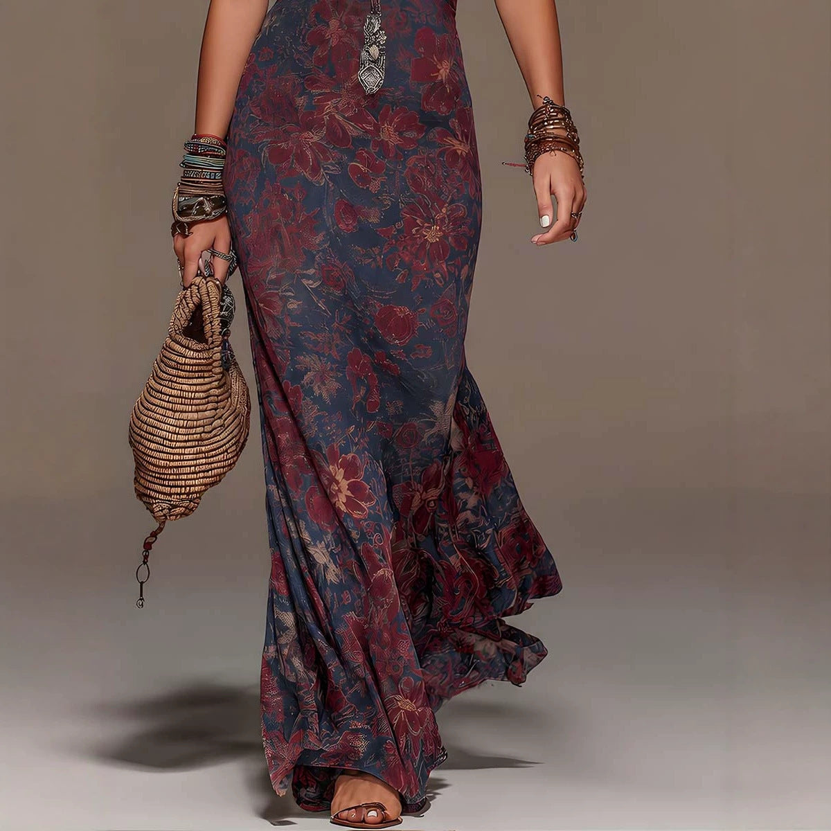 Hanging neck women's lace deep V sleeveless slim fit Bohemian dress