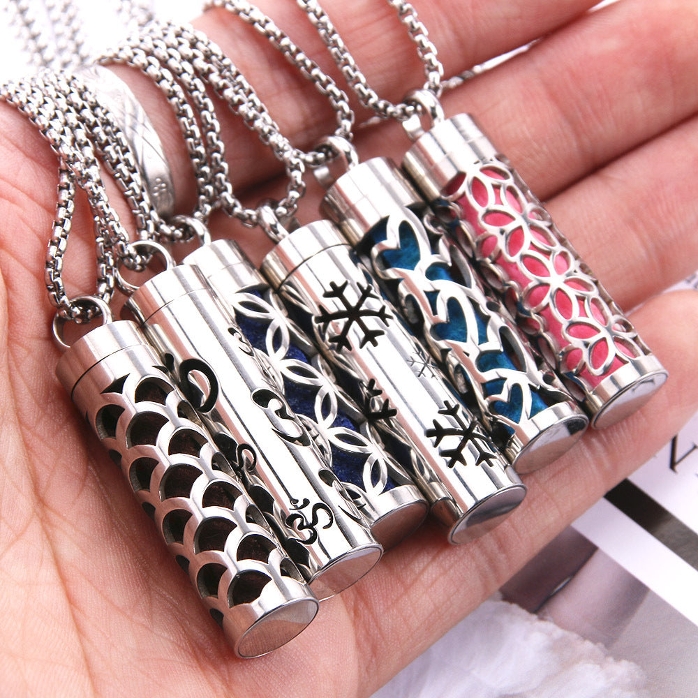 Cylindrical Heart-shaped Diffuser Pendant Necklace with Essential Oil, Stainless Steel Necklace for Men and Women, Titanium Steel Pendant