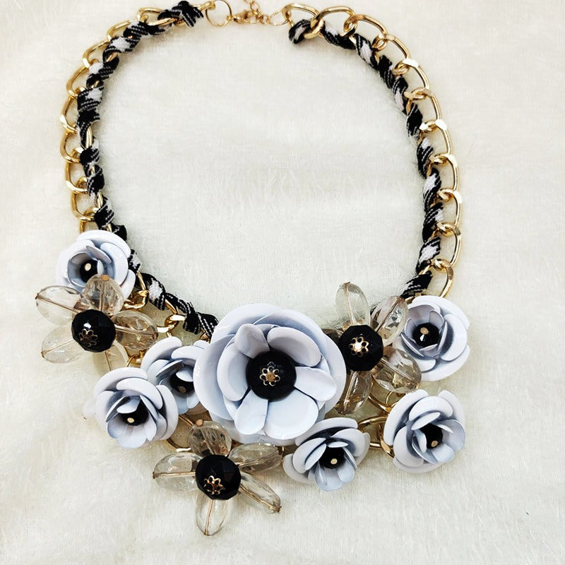 Colorful flower gemstone pendant rope braided necklace short clavicle exaggerated women's accessories necklace