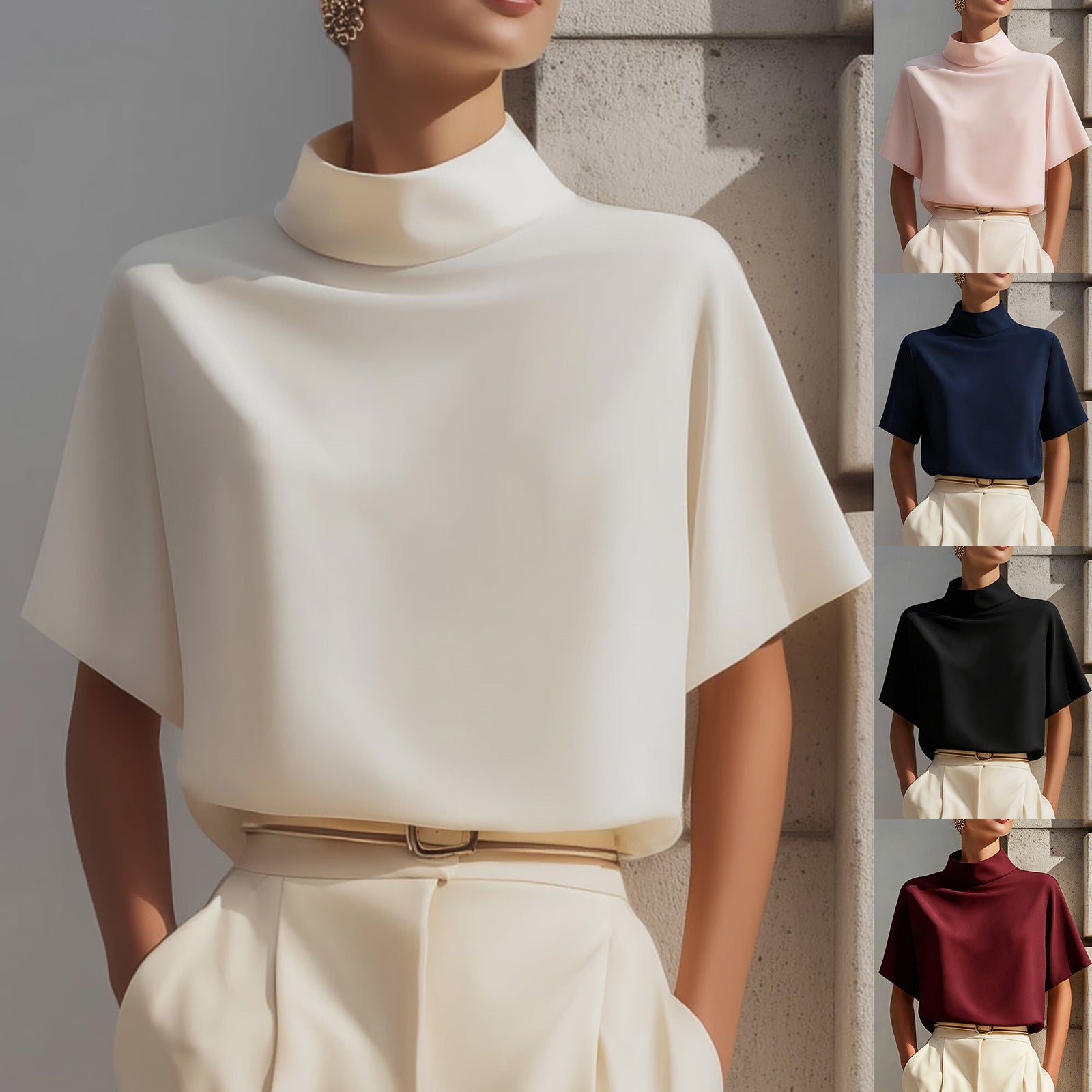 Solid color stand up collar short sleeved top