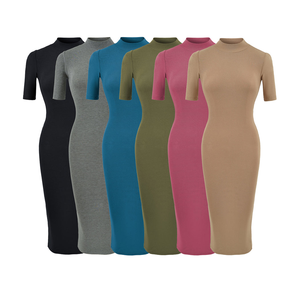 Half-High Neck Mid-Sleeve Back Slit Dress for Women,  Fitted A-Line Bodycon Skirt