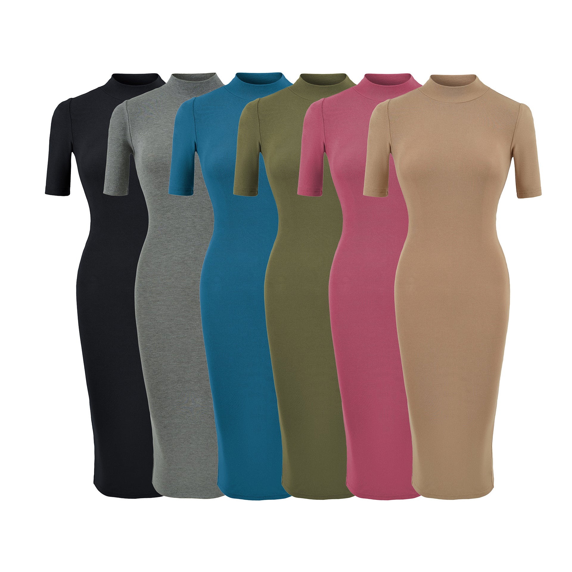 Half-High Neck Mid-Sleeve Back Slit Dress for Women,  Fitted A-Line Bodycon Skirt