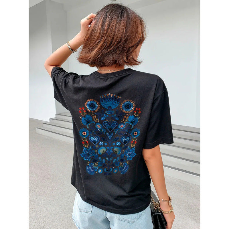 Short sleeved round neck loose top for women