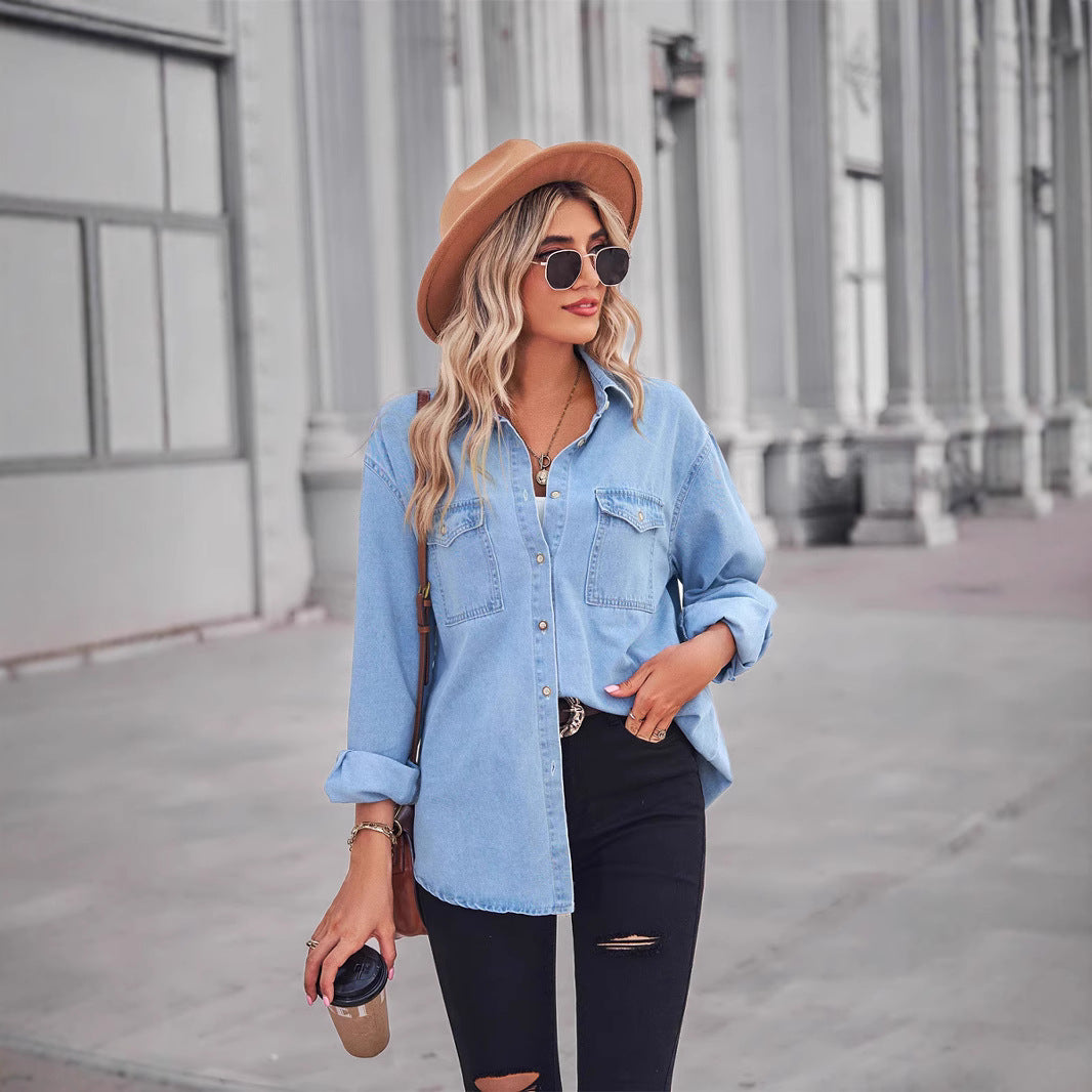 Fashionable Slim-Fitting Denim Jacket for Women with Single Row of Buttons, Long Sleeve Casual Shirt