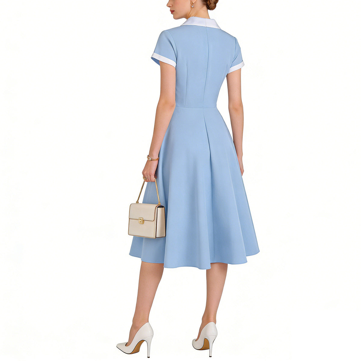 Hepburn Style Vintage Dress, Court Fit Waist Color Block Collar Party Performance Dress, Flared Mid-Length A-Line Dress