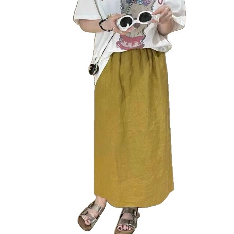 Casual Solid Color Versatile Linen Skirt for Women Elastic Waist Slimming Long Loose A-Line Skirt