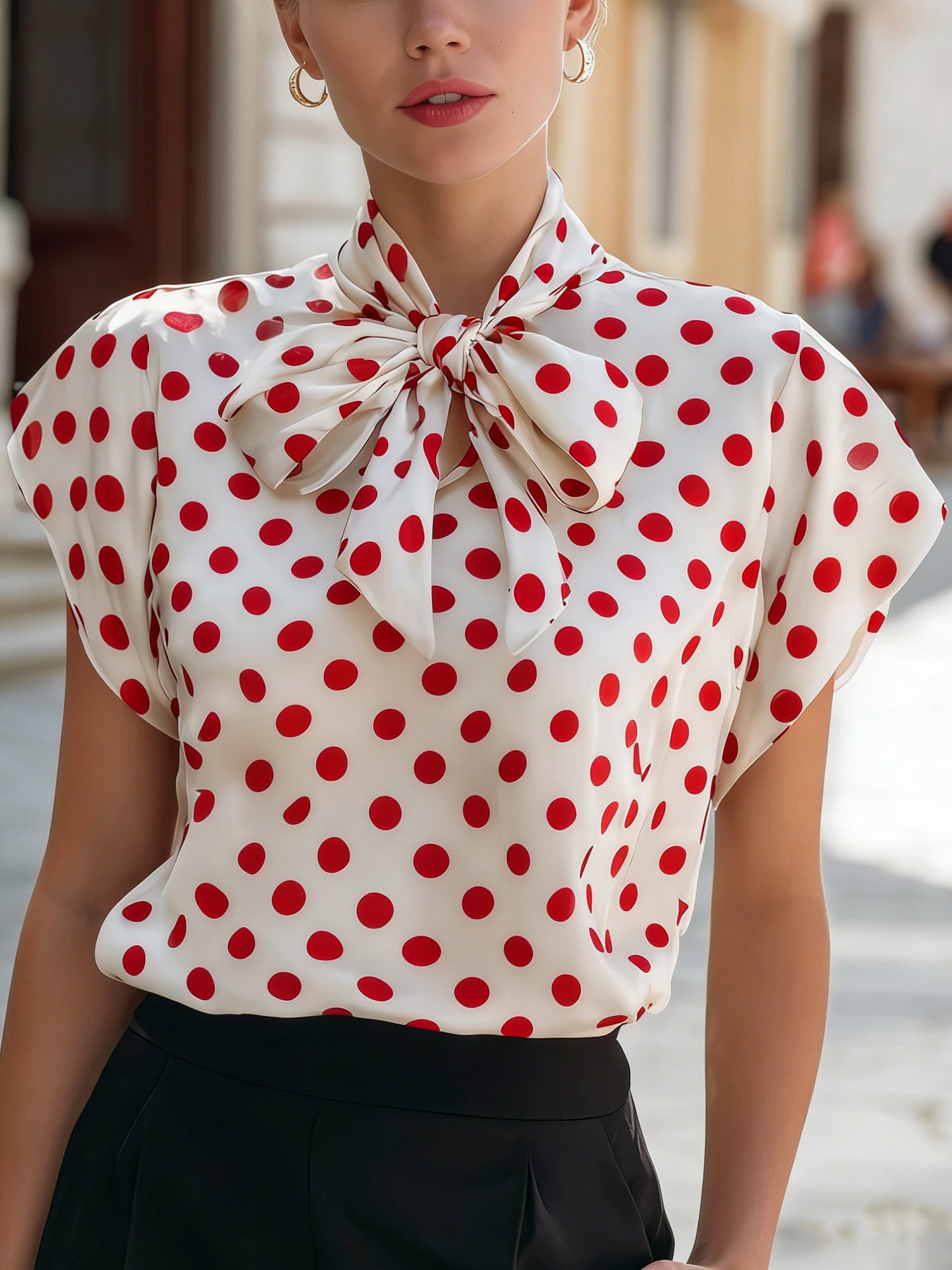 Bow collar polka dot short sleeved top