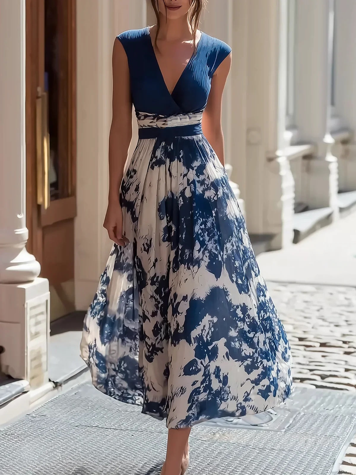 Elegant Long Sleeveless V-Neck Blue and White Porcelain Print Dress Summer Formal Dress