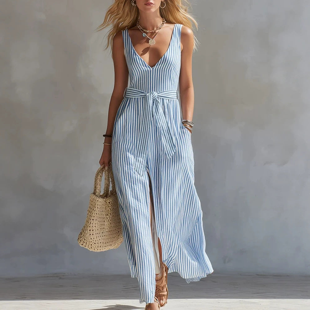 Fresh Blue and White Striped Sleeveless Long Dress with V-Neck, Waist-Tie, Side Split, Beach Dress