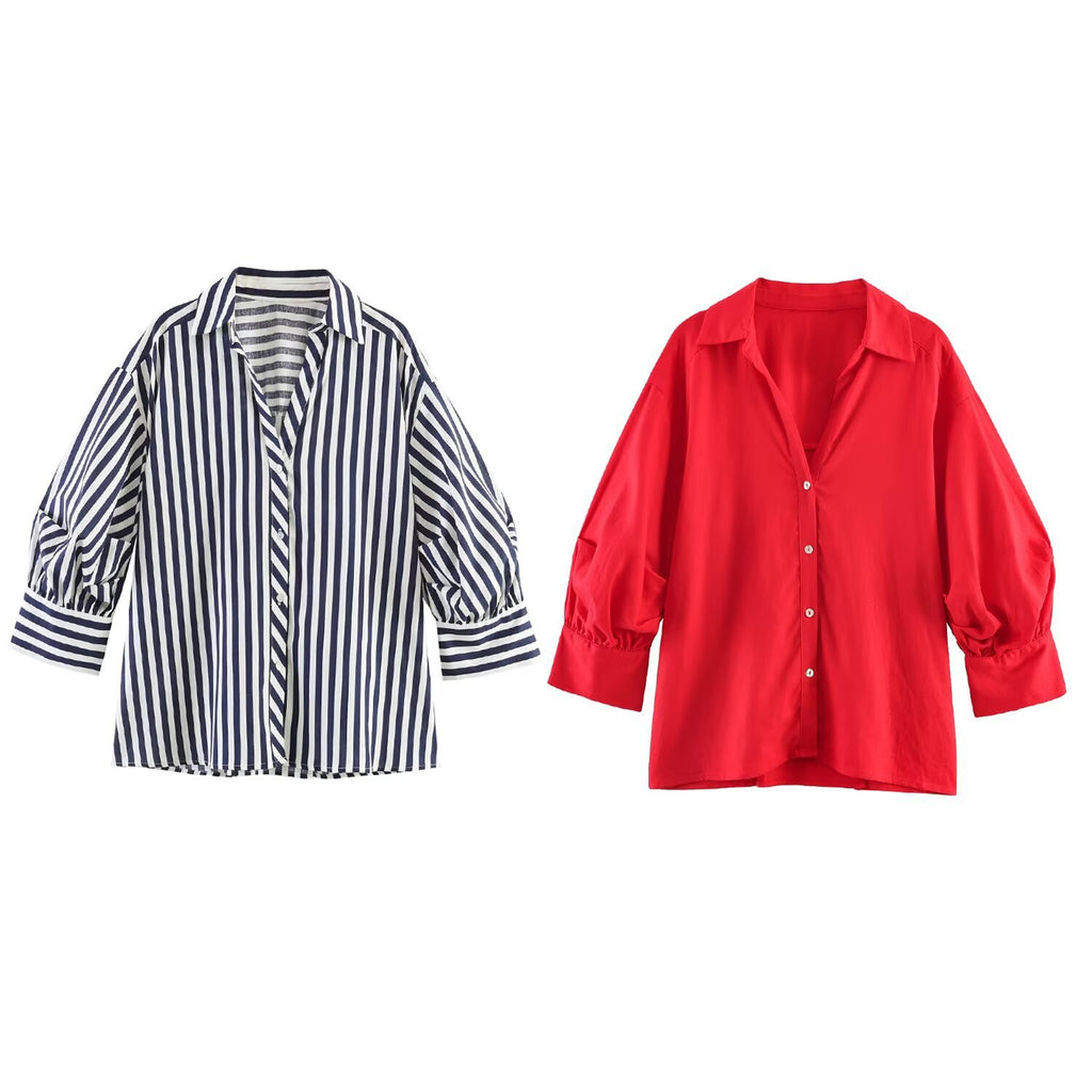 Simple bubble sleeve linen striped shirt