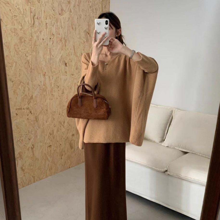 Lazy Style Knit Sweater Coat for Women, Irregular Design Batwing Sleeve Top