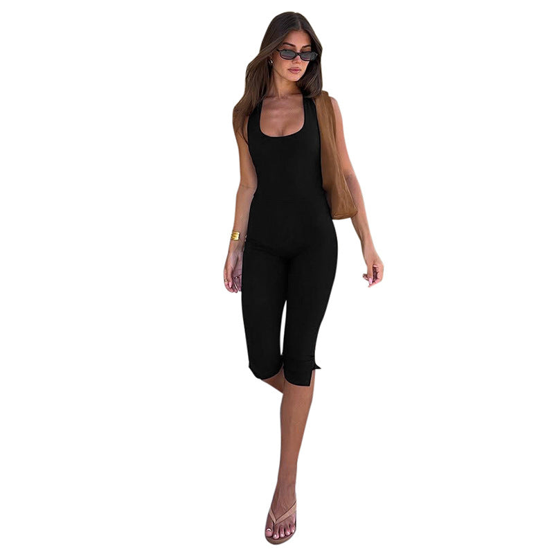 Solid color slim fit backless sexy sports comfort suspender long jumpsuit