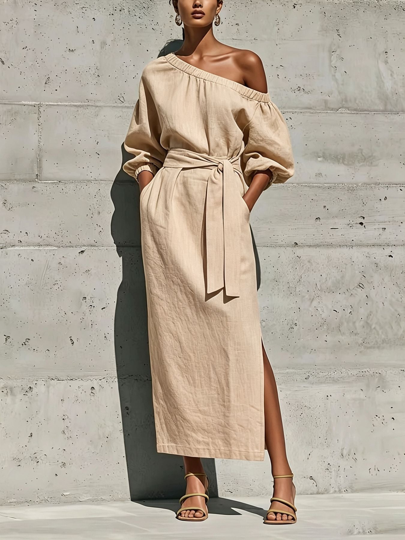 Fashionable Elegant Loose Linen Off-Shoulder Side Slit Dress with Belt