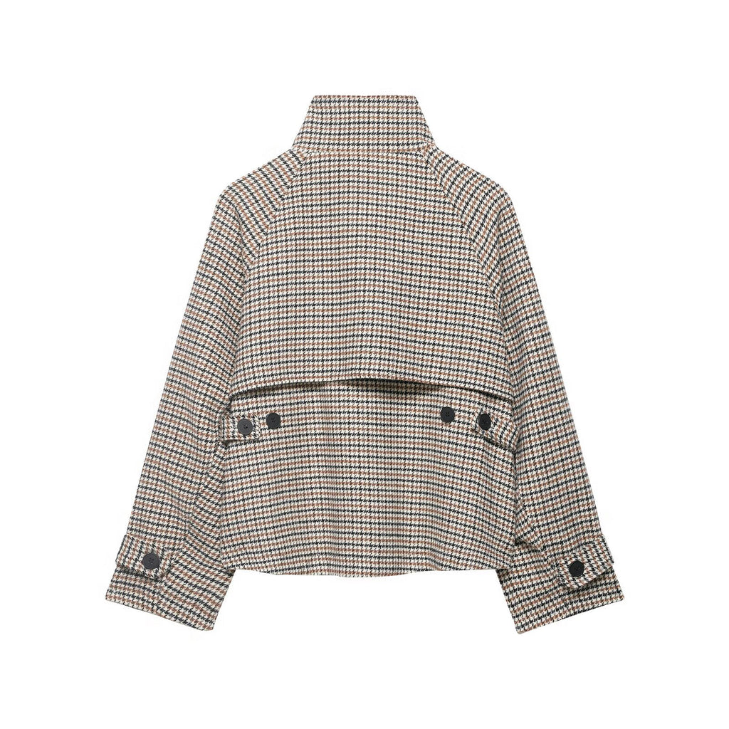 Commuting style tweed checkered high neck short jacket