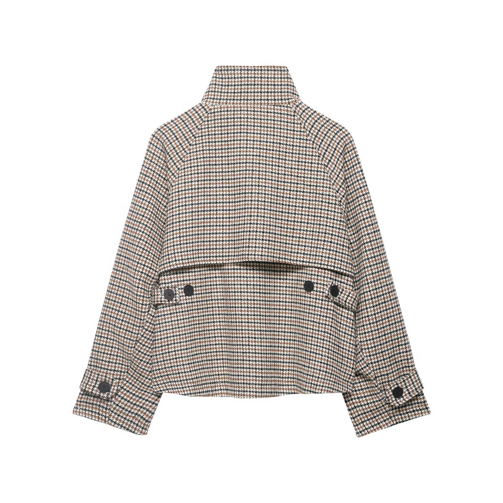 Commuting style tweed checkered high neck short jacket