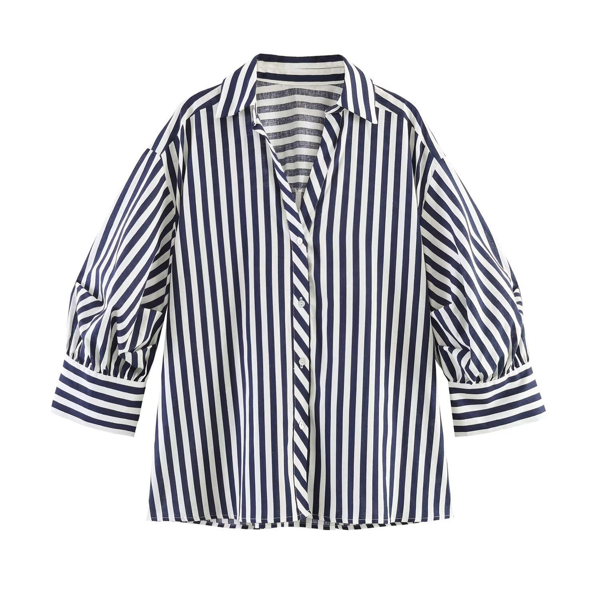 Simple bubble sleeve linen striped shirt
