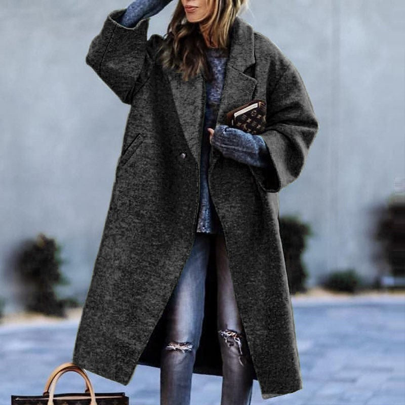 Autumn Long Sleeve Notched Lapel Printed Woolen Trench Coat for Women