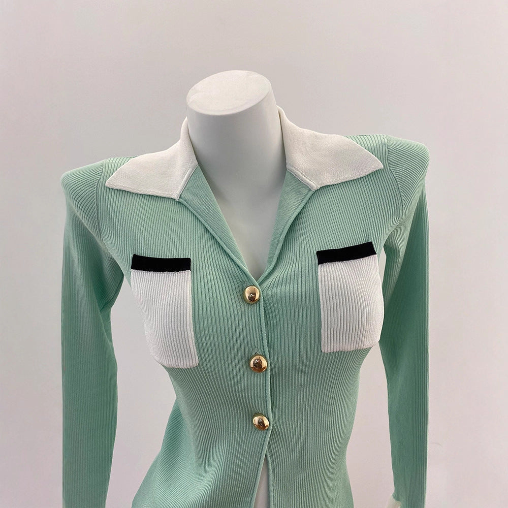 Elegant Mint Green Ribbed Knit Collared Ruffle Cuff Cardigan Top for Women