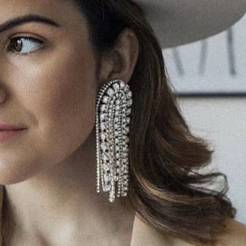 Full diamond long tassel silver needle earrings with a niche temperament for women