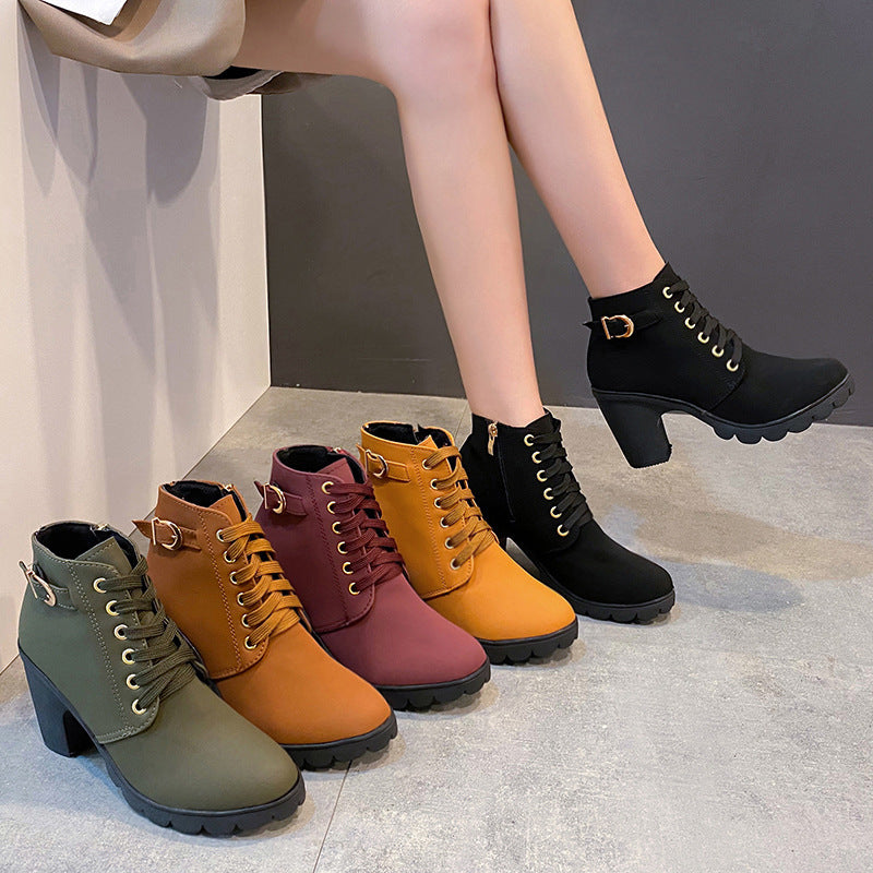 High heels belt buckles thick heels round toe Martin boots for women
