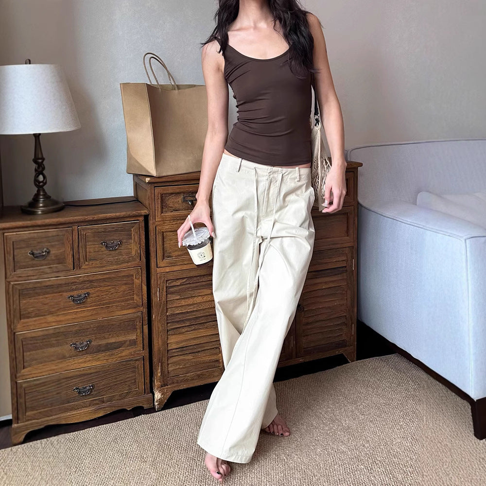 Knife-Style Casual Pants, Medium-Low Waist, Loose Straight Leg, Slimming Drawstring Cargo Trousers