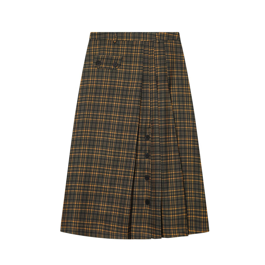 Retro-style color-block plaid midi skirt