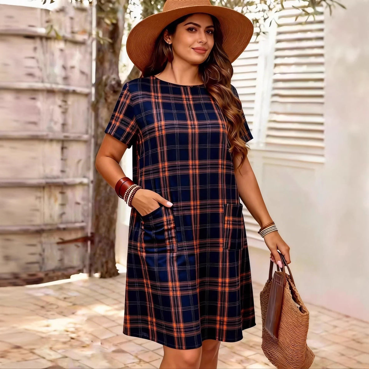 Women's short sleeved plus size casual plaid dress with pockets