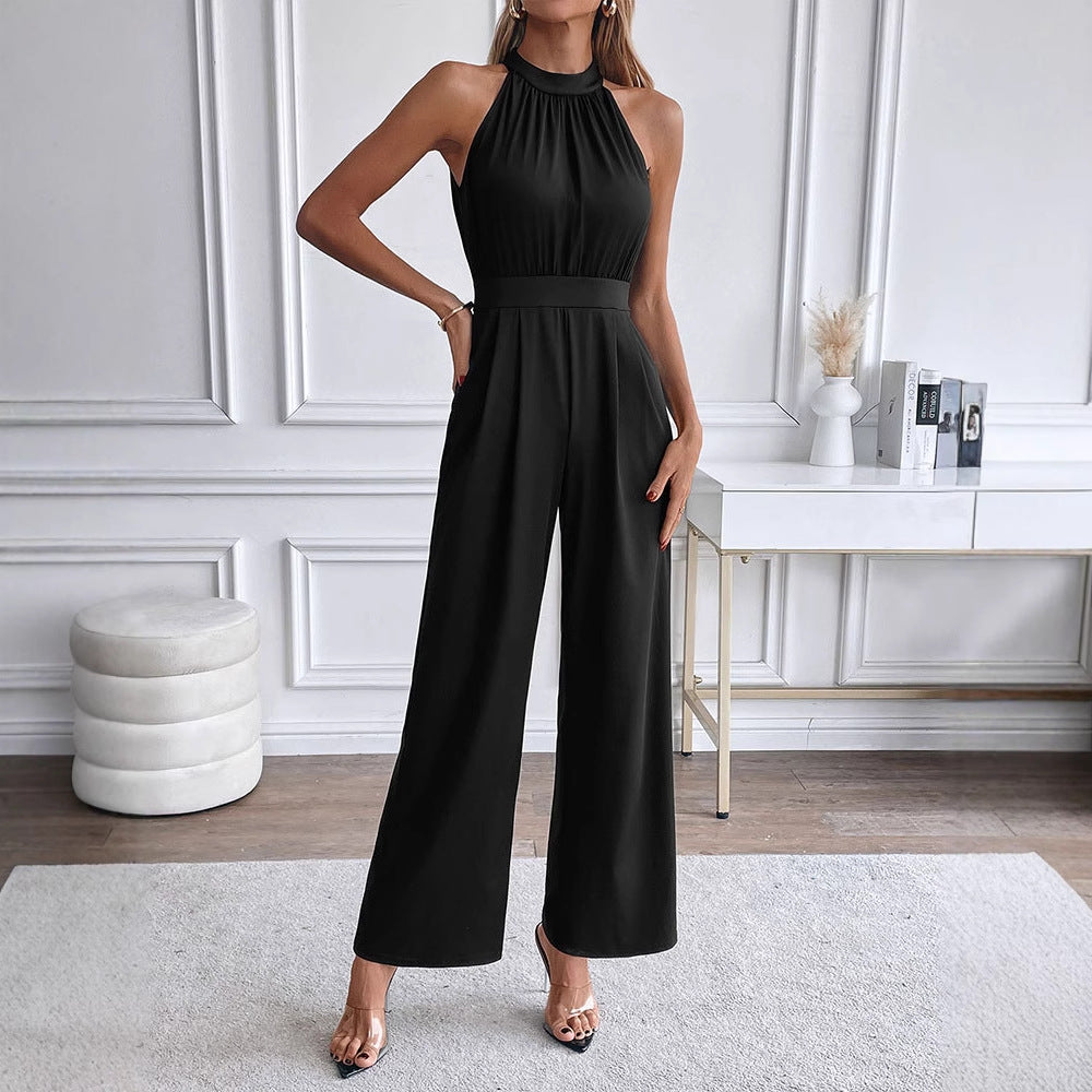 Sexy Solid Color Sleeveless Round Neck Fitted Jumpsuit for Women